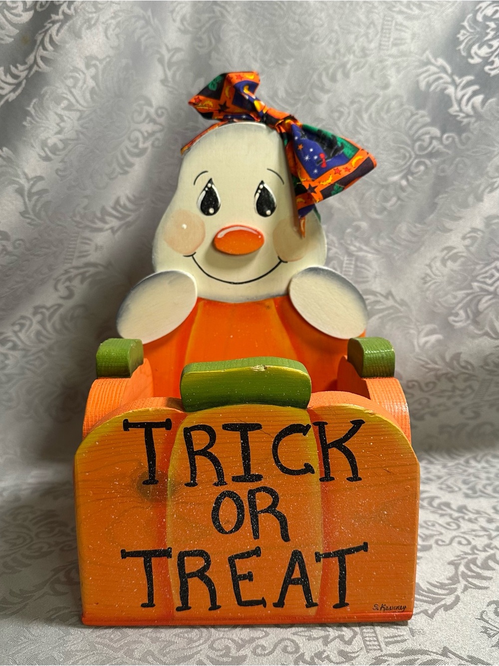 Vintage 1980s Ghost Pumpkin Halloween Wooden Crate Basket Candy Dish 10”